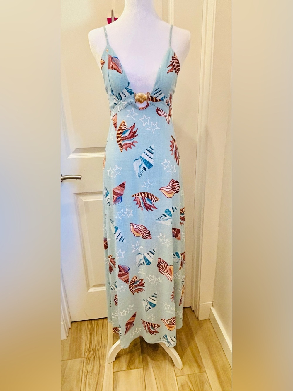 NWT Paper Heart Light Blue Shell-Print linen blend Maxi Dress- L